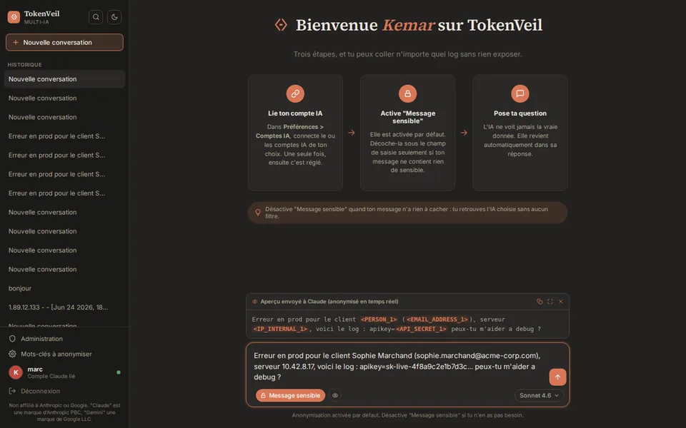 TokenVeil interface: the preview sent to Claude replaces the customer name, email, internal IP and API key with tokens.